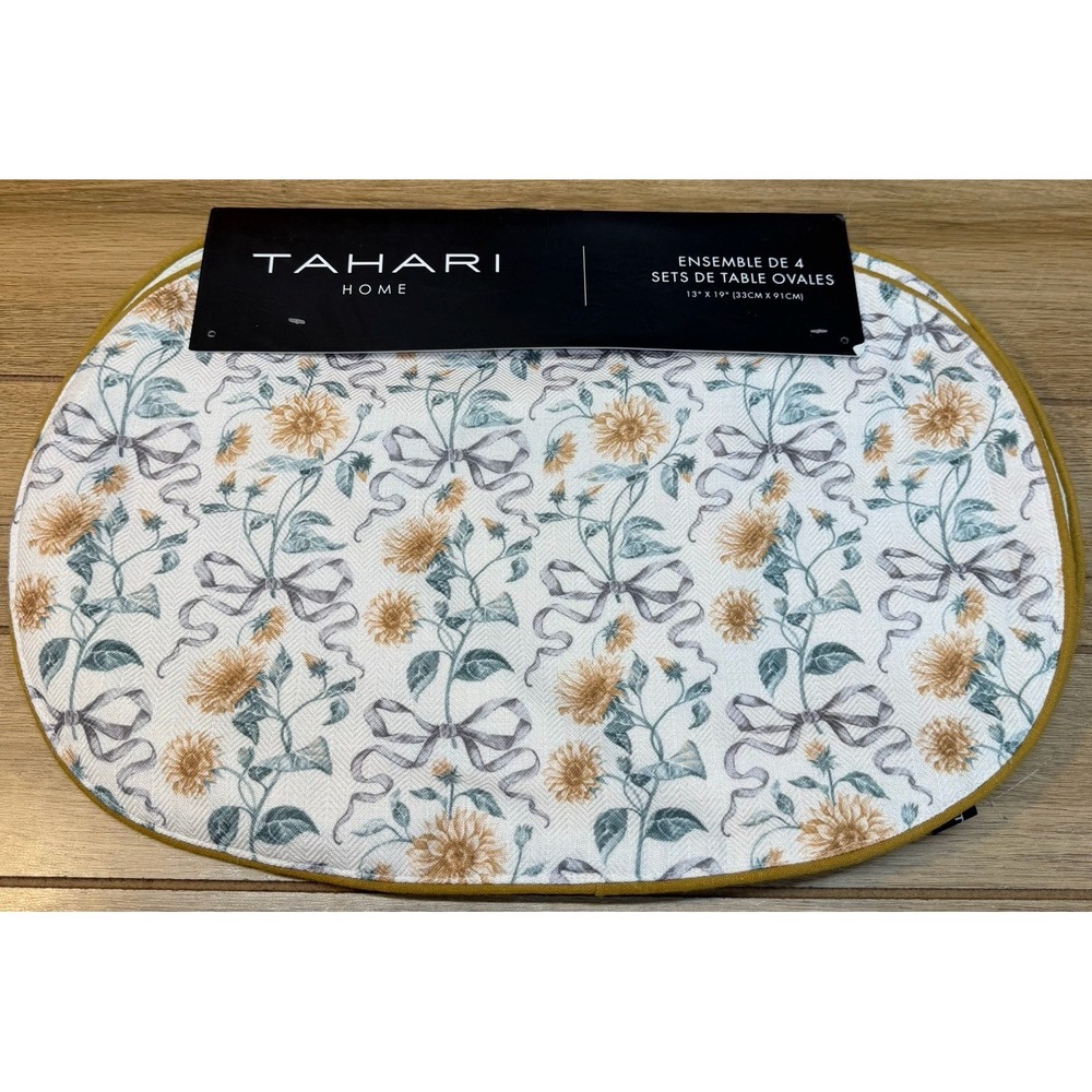 Tahari Home Cottagecore Floral Ribbon Oval Placemats Set of 4 Mustard Yellow